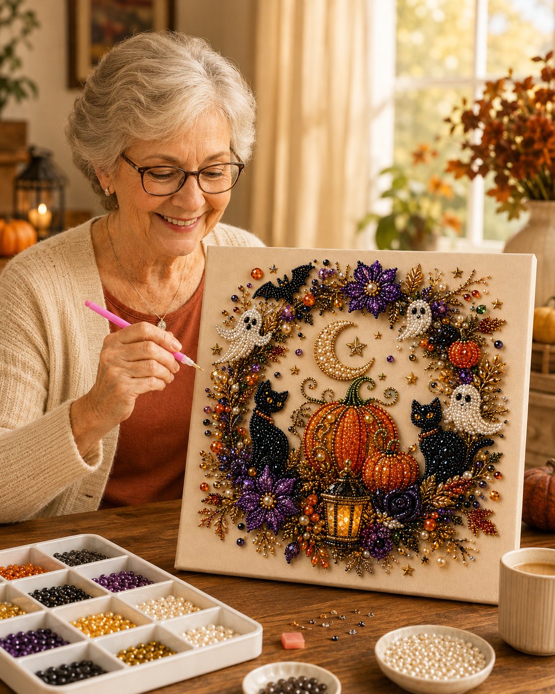💥 Last Day 50% OFF👻✨🎃 Halloween Pearl Painting Kit – 5D DIY Beaded Art Craft Set with Full Tools ✨ | Spooky Pumpkin, Witch & Black Cat Design 🕯️ | Festive Wall Decor & Unique Gift for Adults & Teens 🎁