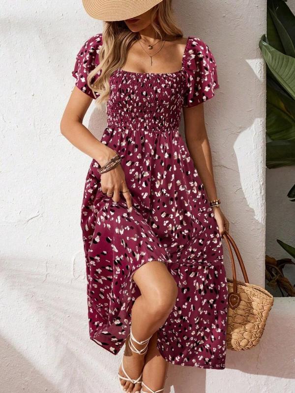 🌈2026 Summer Hot Sale ✨Square Neck Floral Midi Dress – Smocked Bodice, Flowy Tiered Skirt, Romantic 🌸