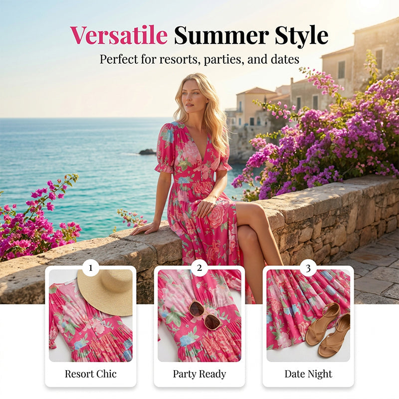 🌺Summer Hot Sale 60% OFF💐💃V-neck Floral Loose Maxi Dress