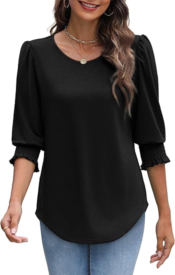 ☀️Summer Hot Sale 50% OFF🌼Blouses for Women Dressy Casual 3/4 Length Sleeve Tops with Smocked Cuffs
