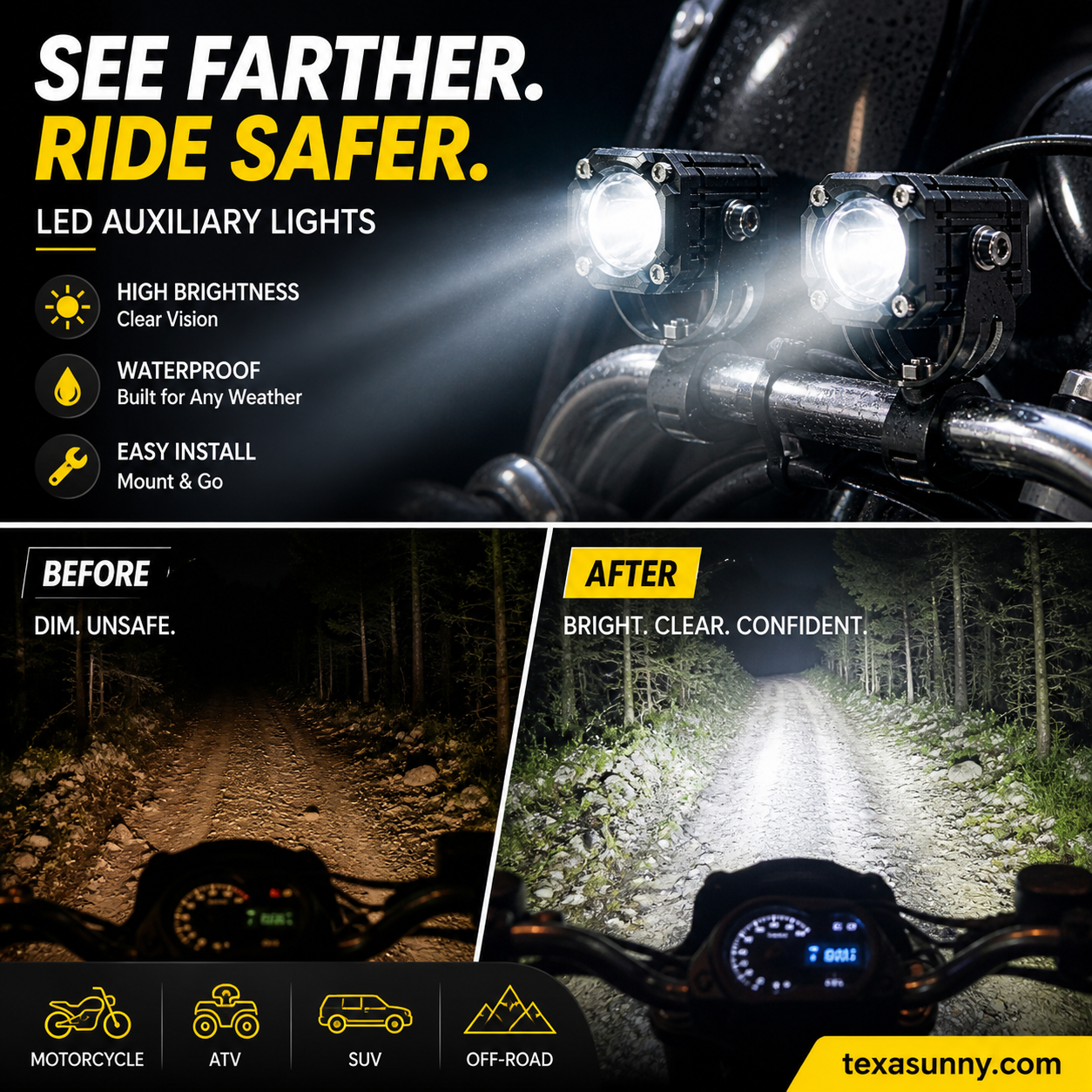 🏍️ Universal Motorcycle LED Spotlights – Dual Beam & All-Weather Waterproof 💡