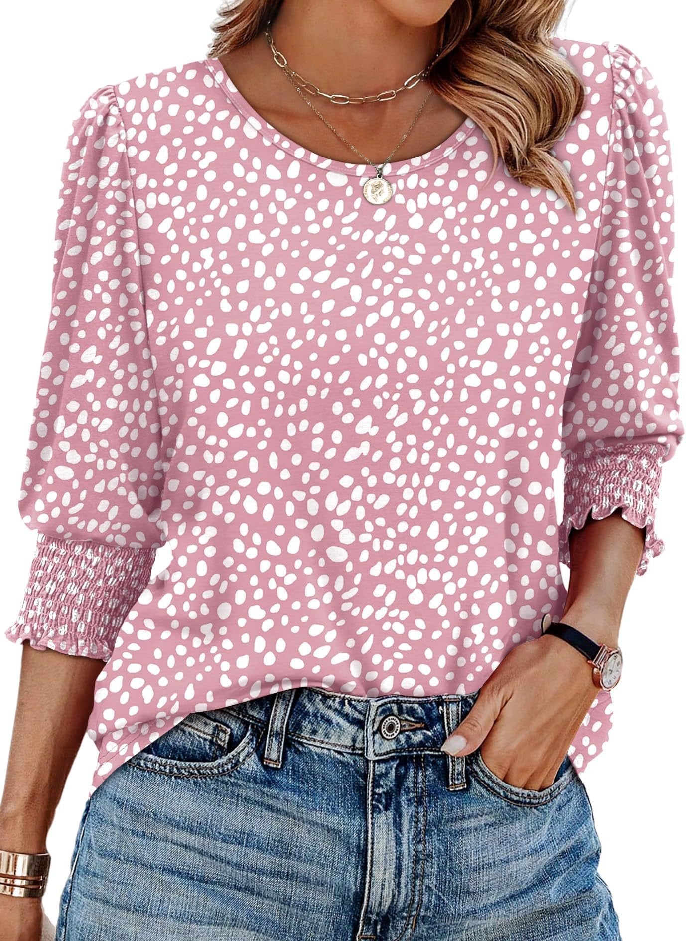 ☀️Summer Hot Sale 50% OFF🌼Blouses for Women Dressy Casual 3/4 Length Sleeve Tops with Smocked Cuffs