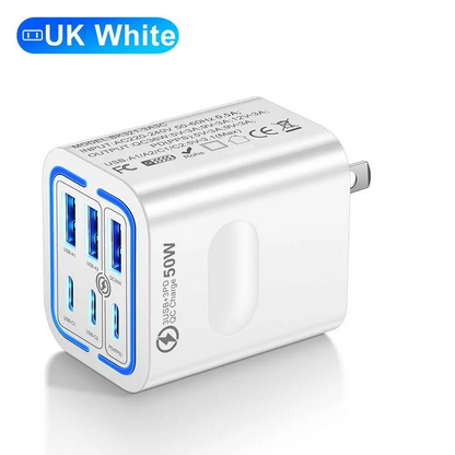 Portable Multi Port Charging Station 50W, 6-Port USB C & USB A
