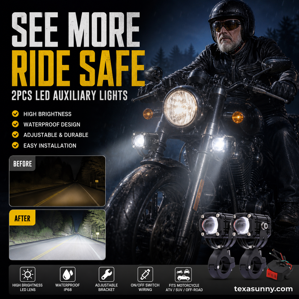 🏍️ Universal Motorcycle LED Spotlights – Dual Beam & All-Weather Waterproof 💡