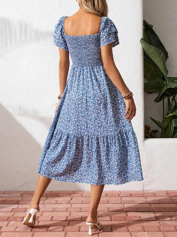 🌈2026 Summer Hot Sale ✨Square Neck Floral Midi Dress – Smocked Bodice, Flowy Tiered Skirt, Romantic 🌸