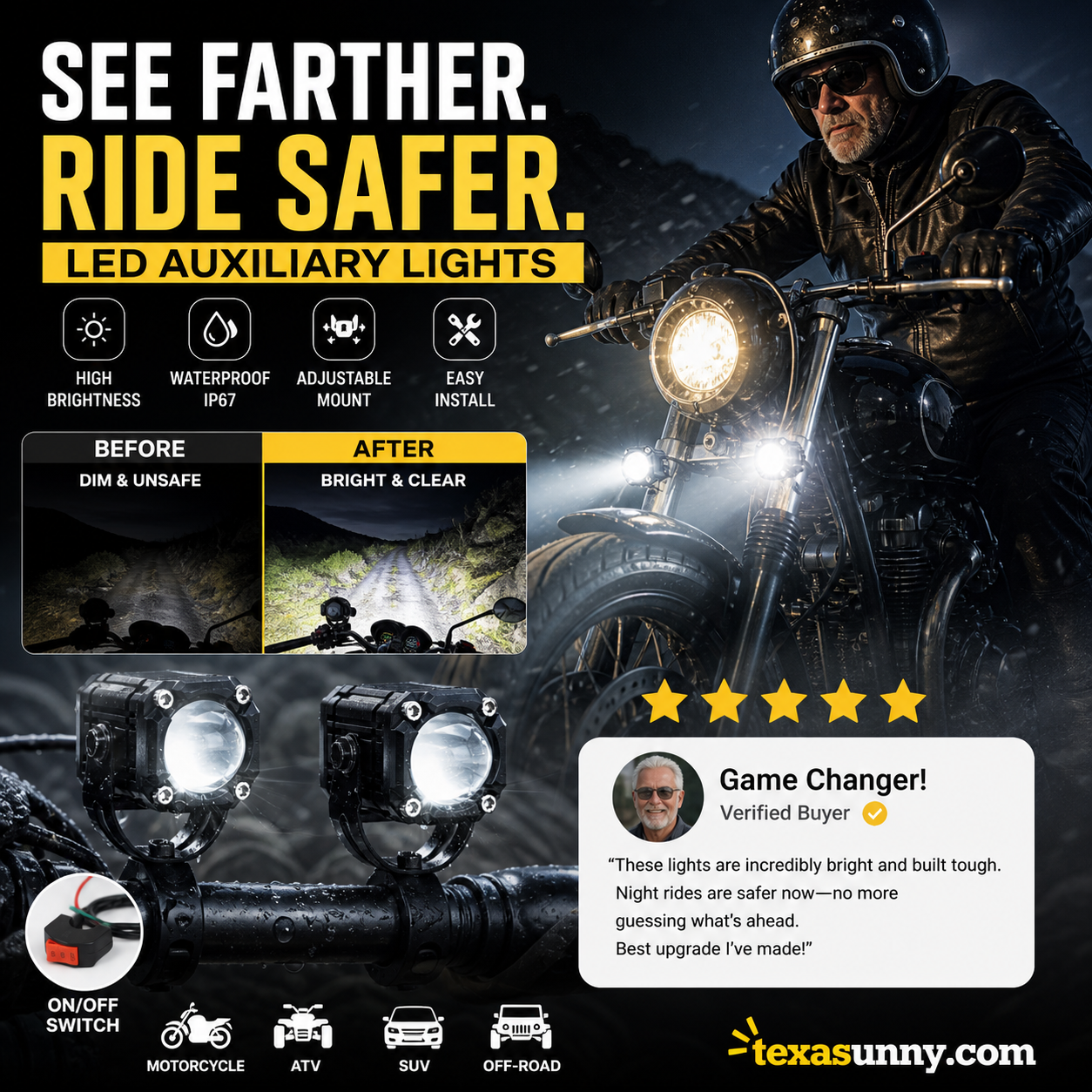 🏍️ Universal Motorcycle LED Spotlights – Dual Beam & All-Weather Waterproof 💡
