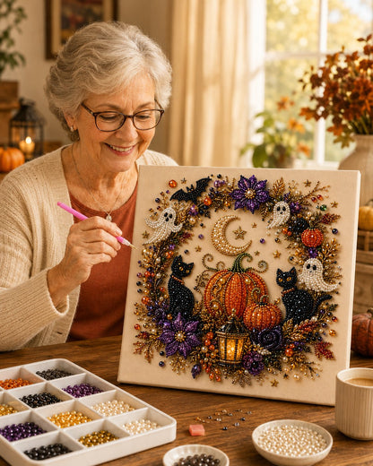 💥 Last Day 50% OFF👻✨🎃 Halloween Pearl Painting Kit – 5D DIY Beaded Art Craft Set with Full Tools ✨ | Spooky Pumpkin, Witch & Black Cat Design 🕯️ | Festive Wall Decor & Unique Gift for Adults & Teens 🎁