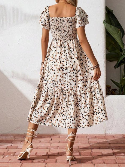 🌈2026 Summer Hot Sale ✨Square Neck Floral Midi Dress – Smocked Bodice, Flowy Tiered Skirt, Romantic 🌸