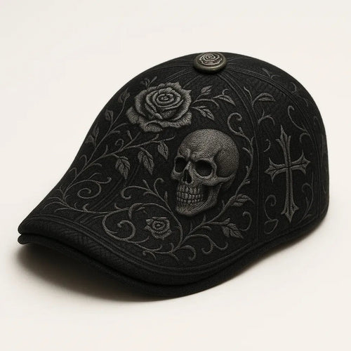 🔥💀Handcrafted Skull & Thorn Flat Cap🎁