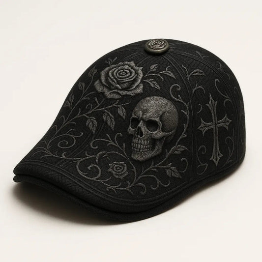 🔥💀Handcrafted Skull & Thorn Flat Cap🎁