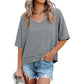 💥Gran venta de 2026, 49% de descuento👚Blusa de mujer de manga media con cuello en V y dobladillo de patchwork