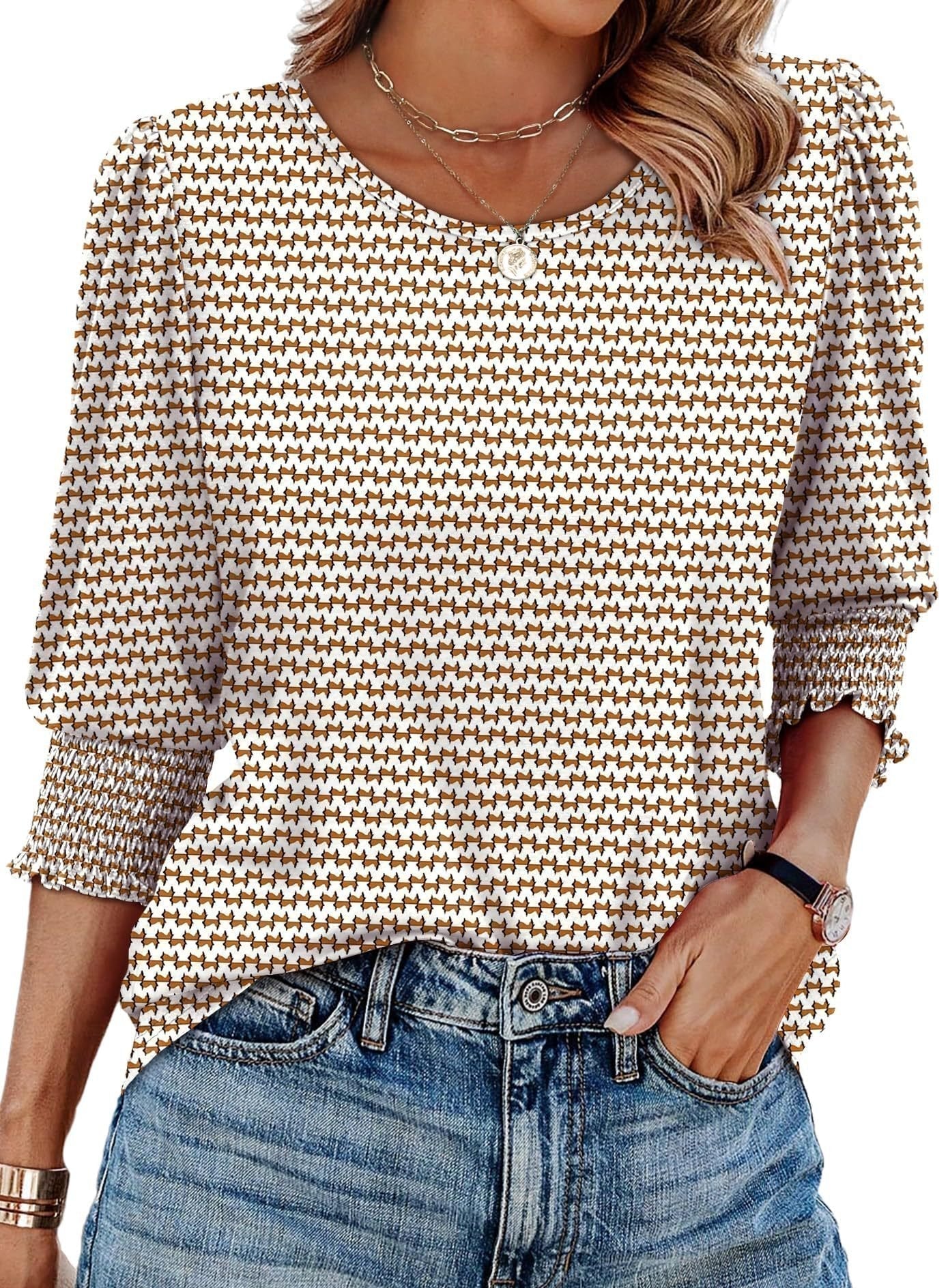 ☀️Summer Hot Sale 50% OFF🌼Blouses for Women Dressy Casual 3/4 Length Sleeve Tops with Smocked Cuffs