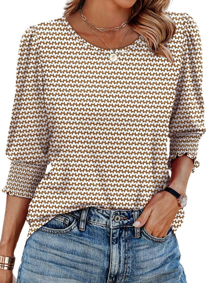 ☀️Summer Hot Sale 50% OFF🌼Blouses for Women Dressy Casual 3/4 Length Sleeve Tops with Smocked Cuffs