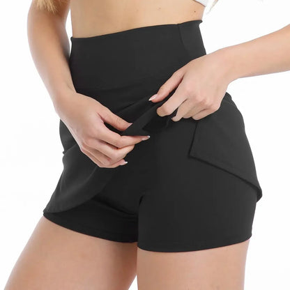🔥 ☁️Women's Solid Color Leopard Stretch High Waist Straight Slit Mini Sports Skirt Short Skirt Breathable Anti-See-through Stretch Pencil Mini Skirt whith shorts Casual Skin Friendly🏃‍♀️