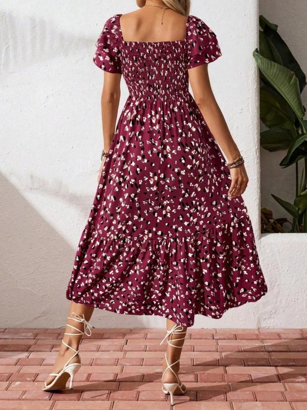 🌈2026 Summer Hot Sale ✨Square Neck Floral Midi Dress – Smocked Bodice, Flowy Tiered Skirt, Romantic 🌸