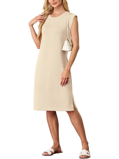 🔥Summer Sale 49% OFF💥Women Round Neck Loose Split Wrinkle-Free Midi Dress with Pockets