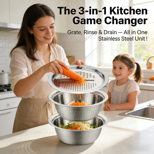 🔥HOT SALE 50% OFF-🌞🍴 3-in-1 Stainless Steel Grater Bowl