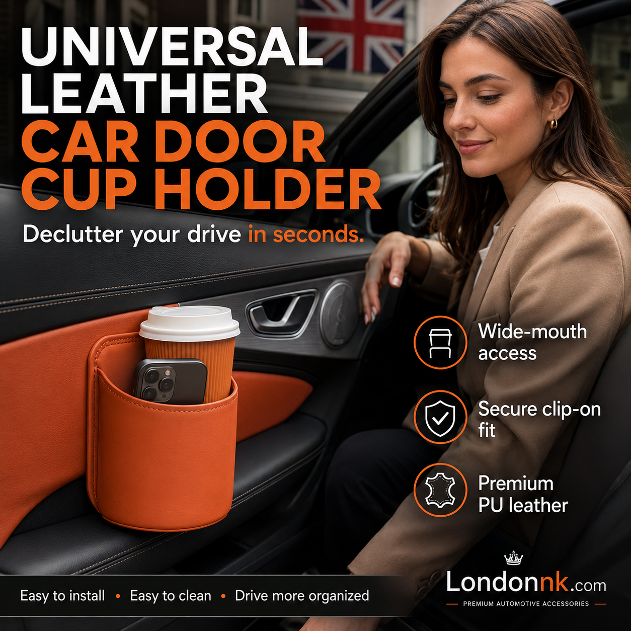 🥳2026 HOT SALE🚗🧺 50% OFF! Leather Car Door Cup Holder – Wide‑mouth opening, easy reach for drinks & phone. Clip‑on secure fit. PU leather, tough & stylish. 🛡️✨