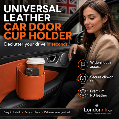 🥳2026 HOT SALE🚗🧺 50% OFF! Leather Car Door Cup Holder – Wide‑mouth opening, easy reach for drinks & phone. Clip‑on secure fit. PU leather, tough & stylish. 🛡️✨