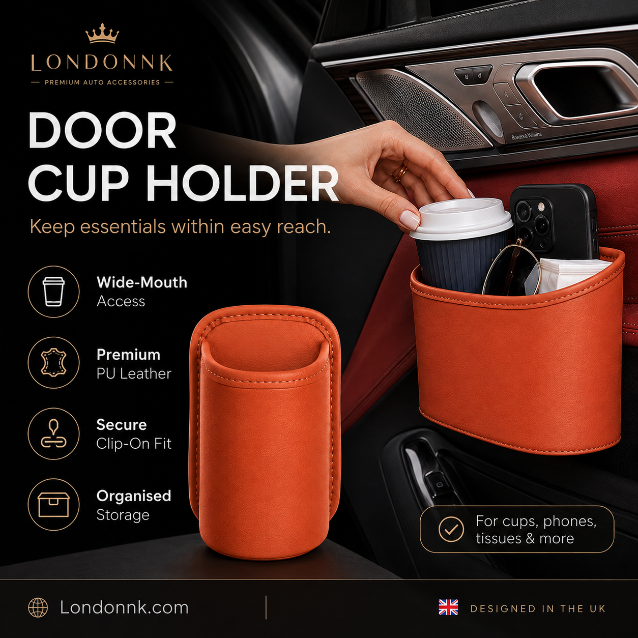 🥳2026 HOT SALE🚗🧺 50% OFF! Leather Car Door Cup Holder – Wide‑mouth opening, easy reach for drinks & phone. Clip‑on secure fit. PU leather, tough & stylish. 🛡️✨