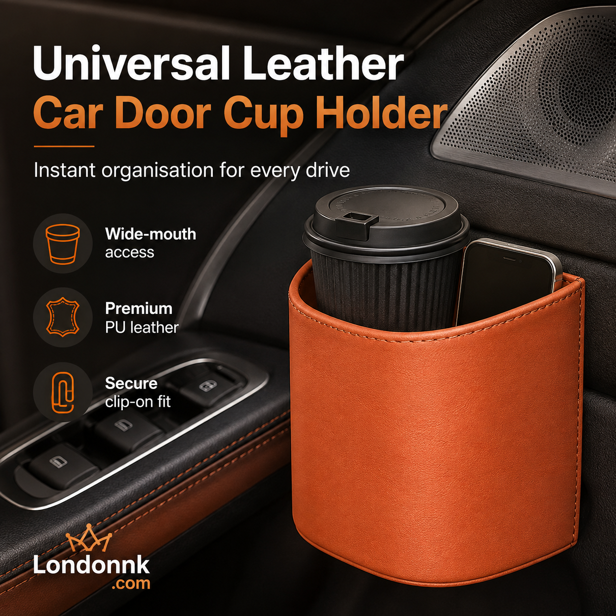 🥳2026 HOT SALE🚗🧺 50% OFF! Leather Car Door Cup Holder – Wide‑mouth opening, easy reach for drinks & phone. Clip‑on secure fit. PU leather, tough & stylish. 🛡️✨