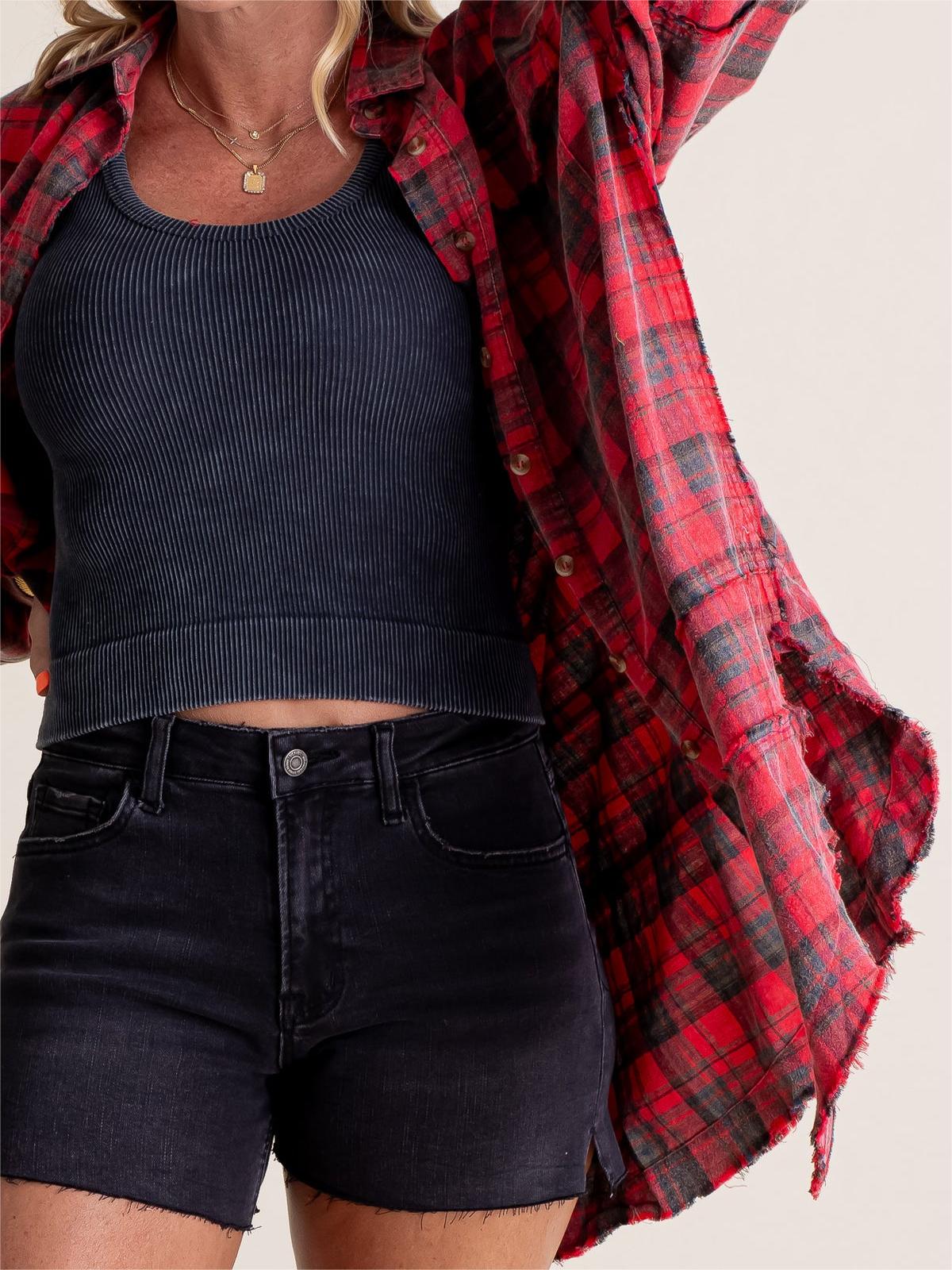🔥50% OFF & Free Shipping🔥🏆Women's Mineral Washed Button Down Plaid Shirt