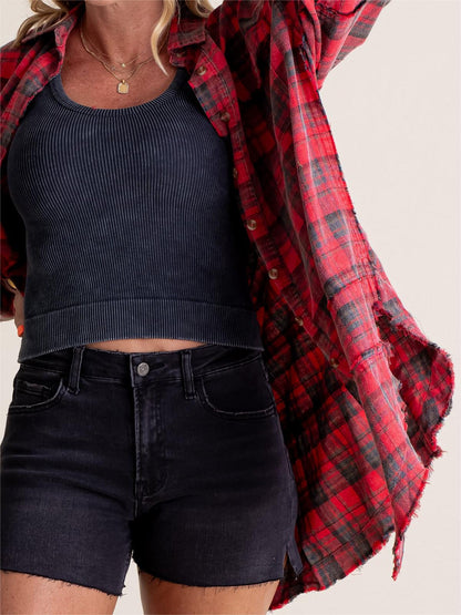 🔥50% OFF & Free Shipping🔥🏆Women's Mineral Washed Button Down Plaid Shirt