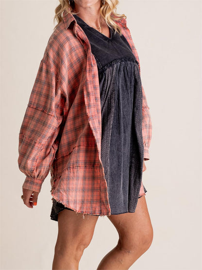 🔥50% OFF & Free Shipping🔥🏆Women's Mineral Washed Button Down Plaid Shirt