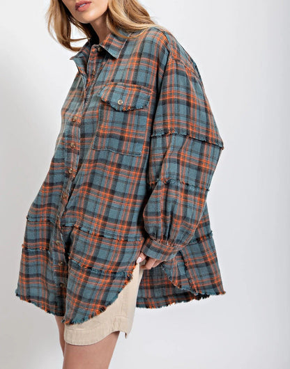 🔥50% OFF & Free Shipping🔥🏆Women's Mineral Washed Button Down Plaid Shirt