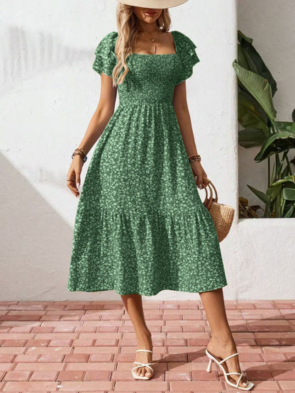 🌈2026 Summer Hot Sale ✨Square Neck Floral Midi Dress – Smocked Bodice, Flowy Tiered Skirt, Romantic 🌸