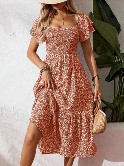🌈2026 Summer Hot Sale ✨Square Neck Floral Midi Dress – Smocked Bodice, Flowy Tiered Skirt, Romantic 🌸