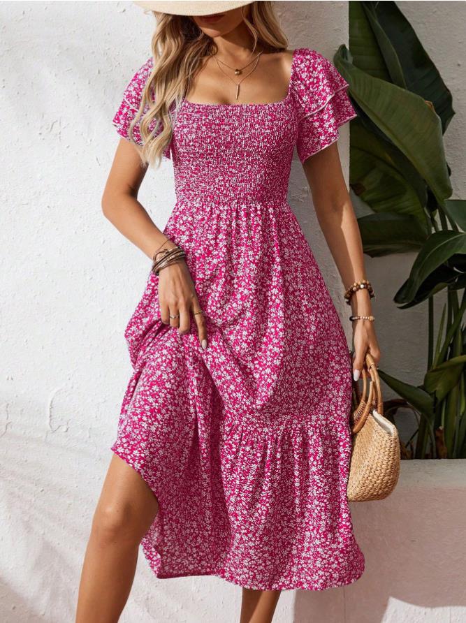 🌈2026 Summer Hot Sale ✨Square Neck Floral Midi Dress – Smocked Bodice, Flowy Tiered Skirt, Romantic 🌸