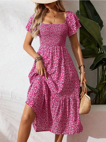 🌈2026 Summer Hot Sale ✨Square Neck Floral Midi Dress – Smocked Bodice, Flowy Tiered Skirt, Romantic 🌸