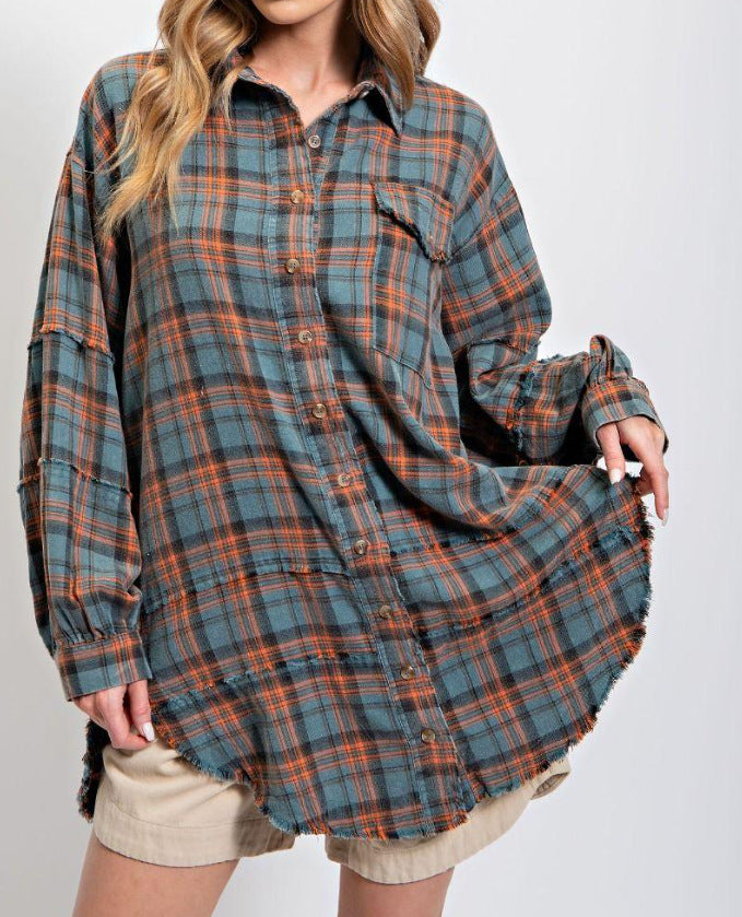 🔥50% OFF & Free Shipping🔥🏆Women's Mineral Washed Button Down Plaid Shirt