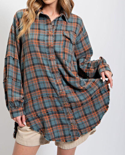 🔥50% OFF & Free Shipping🔥🏆Women's Mineral Washed Button Down Plaid Shirt
