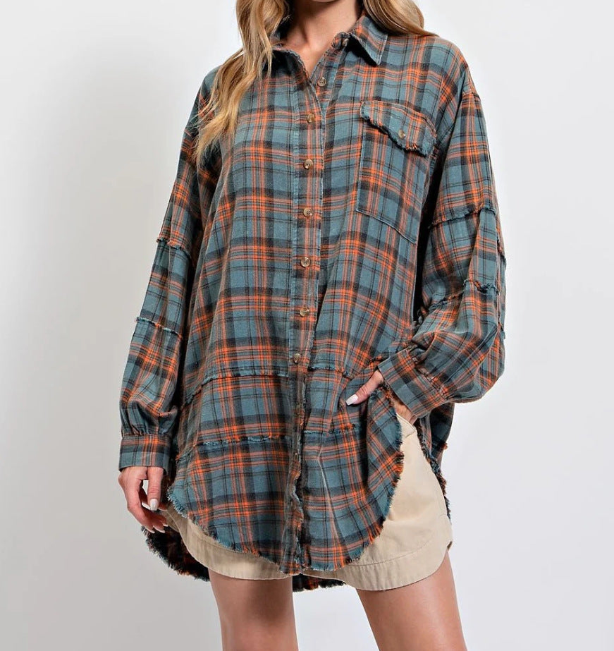 🔥50% OFF & Free Shipping🔥🏆Women's Mineral Washed Button Down Plaid Shirt