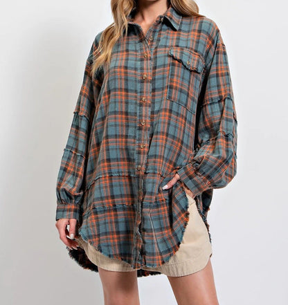🔥50% OFF & Free Shipping🔥🏆Women's Mineral Washed Button Down Plaid Shirt