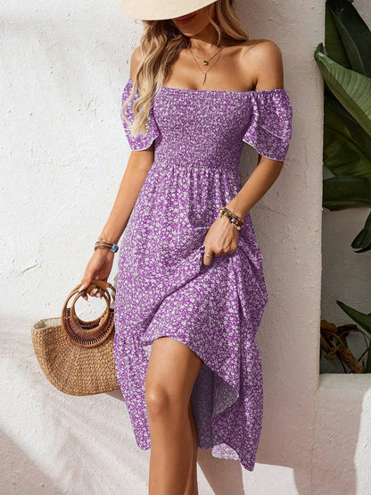 🌈2026 Summer Hot Sale ✨Square Neck Floral Midi Dress – Smocked Bodice, Flowy Tiered Skirt, Romantic 🌸