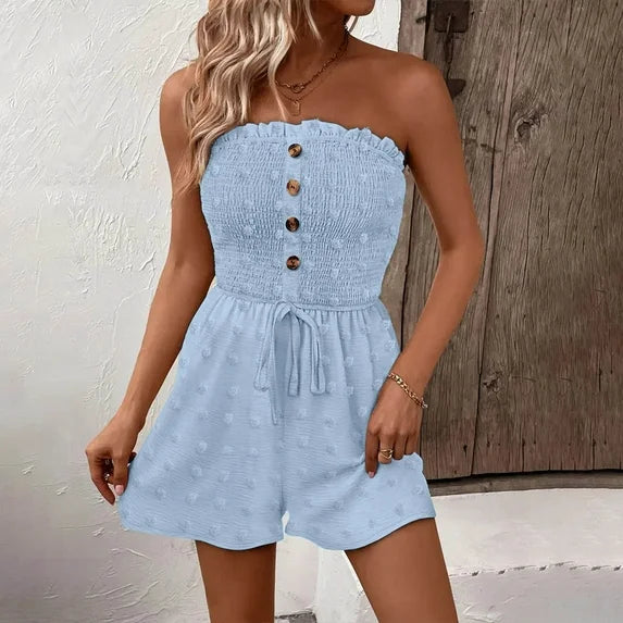 🎉Último día de promoción 50% DE DESCUENTO💃Mono de mujer sin tirantes con volantes, fruncido, con lazo frontal y pernera ancha