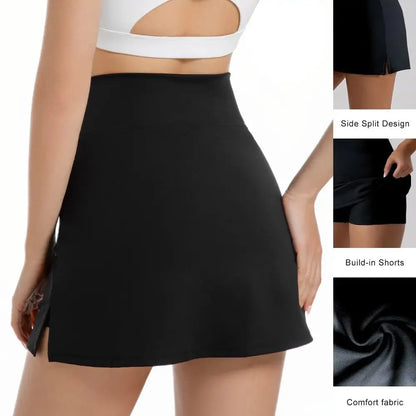 🔥 ☁️Women's Solid Color Leopard Stretch High Waist Straight Slit Mini Sports Skirt Short Skirt Breathable Anti-See-through Stretch Pencil Mini Skirt whith shorts Casual Skin Friendly🏃‍♀️