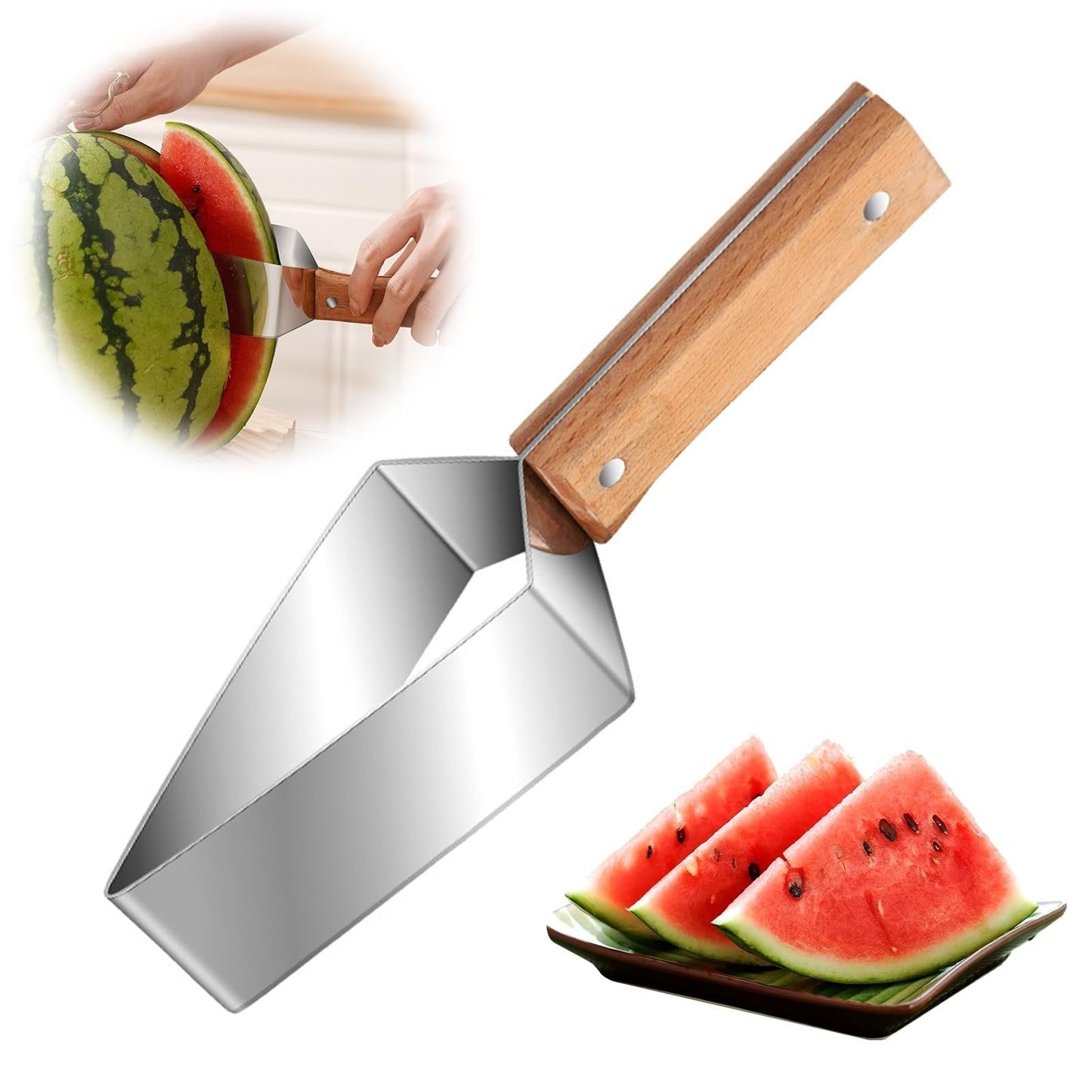 Triangle Watermelon Cutter, Stainless Steel with Wooden Handle - Melon Slicer, Fruit Cutter for Kitchen Gadgets