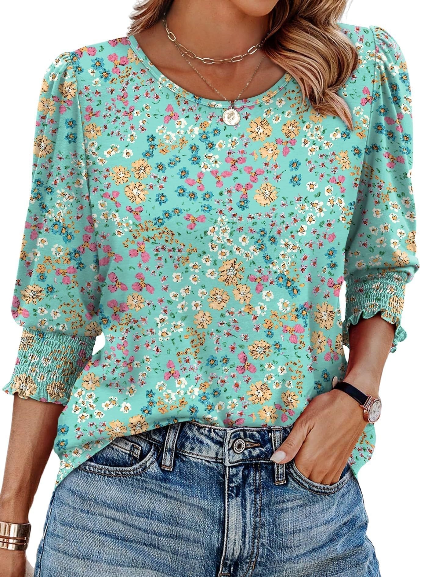 ☀️Summer Hot Sale 50% OFF🌼Blouses for Women Dressy Casual 3/4 Length Sleeve Tops with Smocked Cuffs