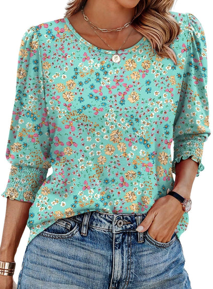 ☀️Summer Hot Sale 50% OFF🌼Blouses for Women Dressy Casual 3/4 Length Sleeve Tops with Smocked Cuffs