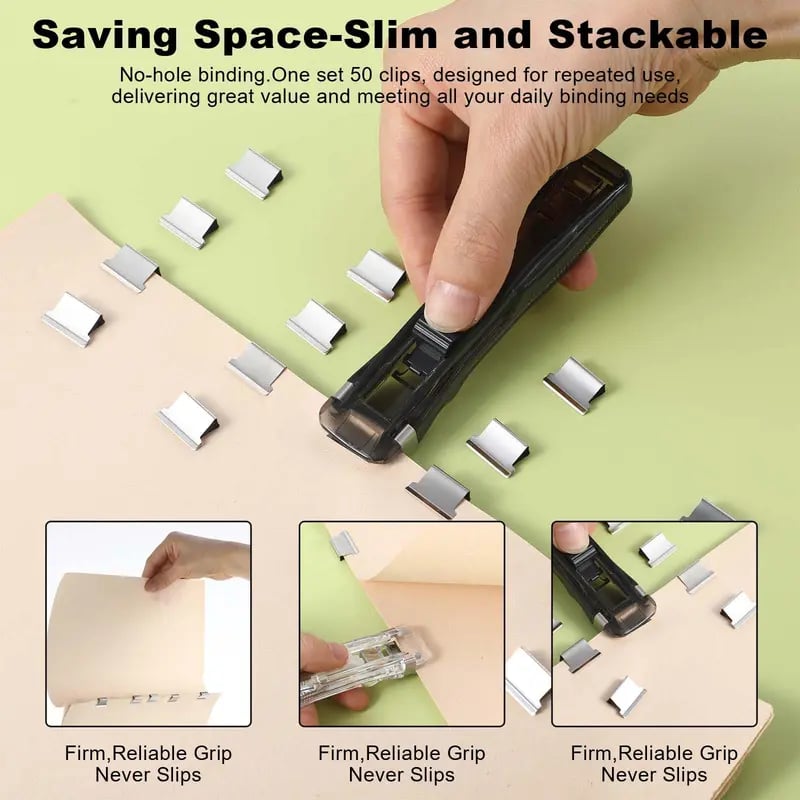 📎 2-Pack Portable Binder Clip Stapler + 100 Clips – Non-Destructive Paper Clamp Dispenser for Office, Home & School 🏫✏️