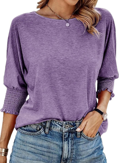 ☀️Summer Hot Sale 50% OFF🌼Blouses for Women Dressy Casual 3/4 Length Sleeve Tops with Smocked Cuffs