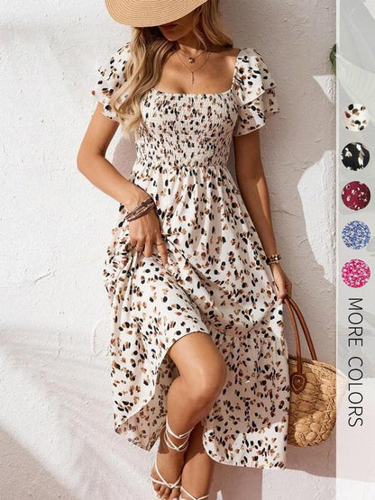 🌈2026 Summer Hot Sale ✨Square Neck Floral Midi Dress – Smocked Bodice, Flowy Tiered Skirt, Romantic 🌸