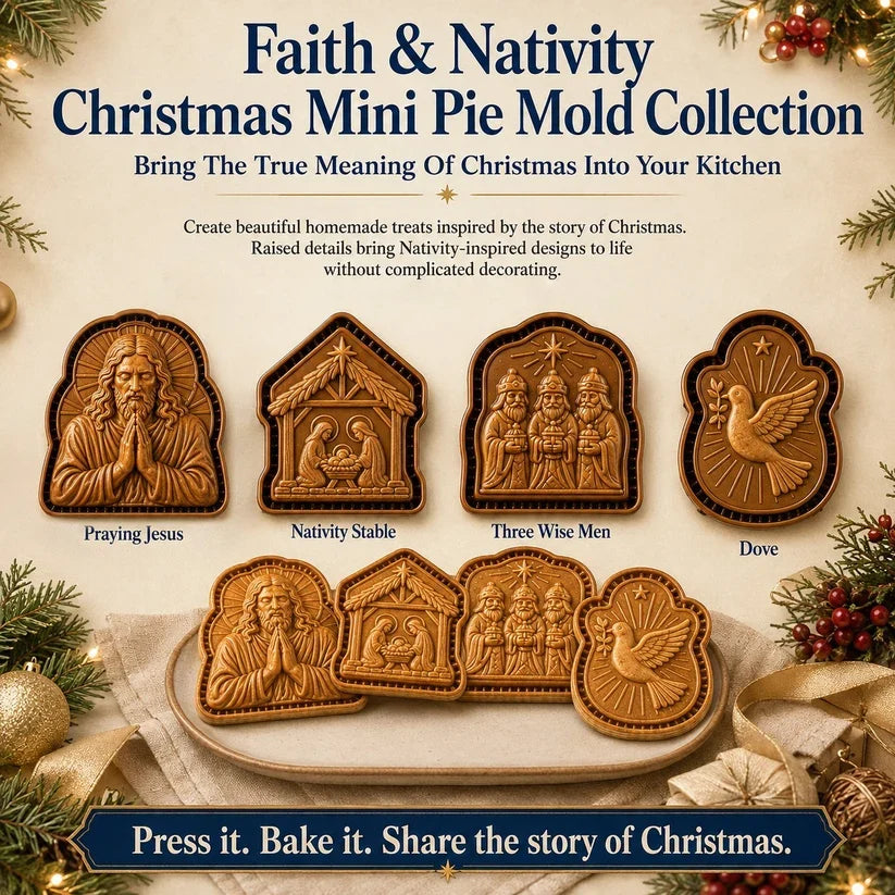 🔥HOT SALE 50% OFF✝️ Faith & Nativity Christmas Mini Pie Mold Collection | Reusable Embossed Molds for Shaping Detailed Praying Jesus, Nativity Stable and so on Pies🥧✨