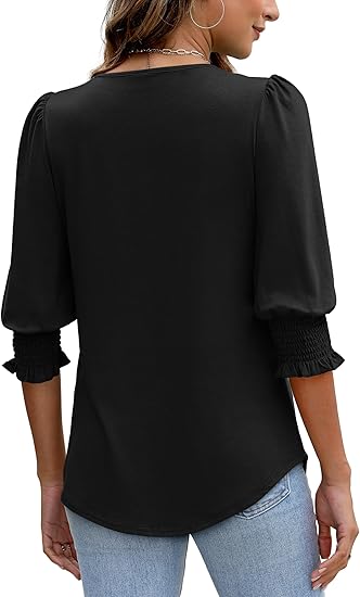 ☀️Summer Hot Sale 50% OFF🌼Blouses for Women Dressy Casual 3/4 Length Sleeve Tops with Smocked Cuffs