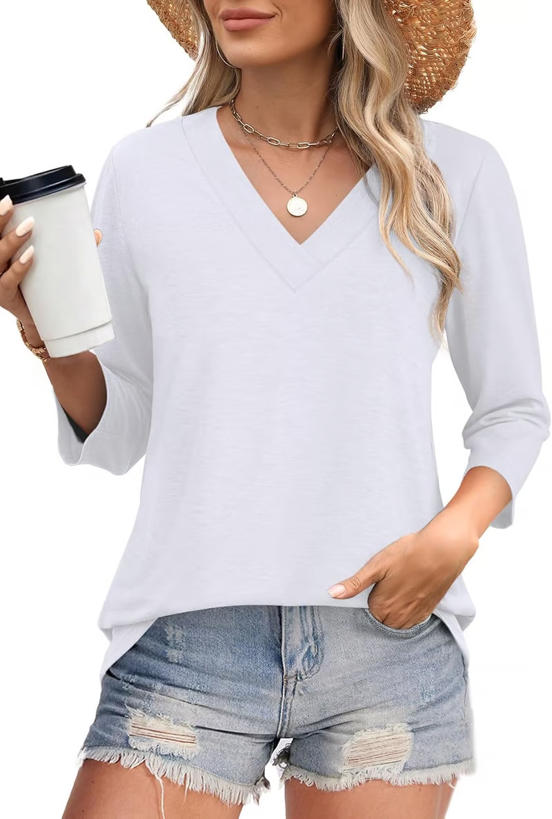 🌸Spring Specials 50% OFF👚Women's 3/4 Sleeve V Neck Solid Color Top