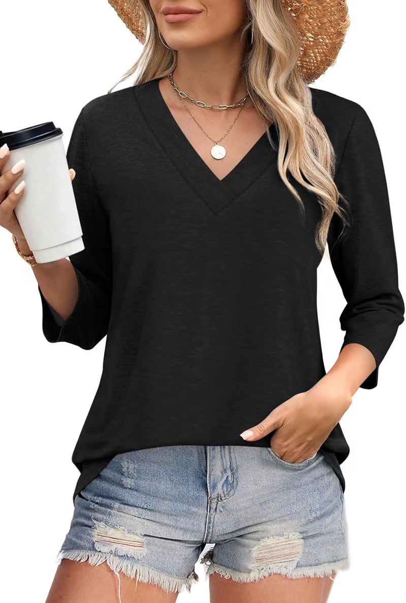 🌸Spring Specials 50% OFF👚Women's 3/4 Sleeve V Neck Solid Color Top